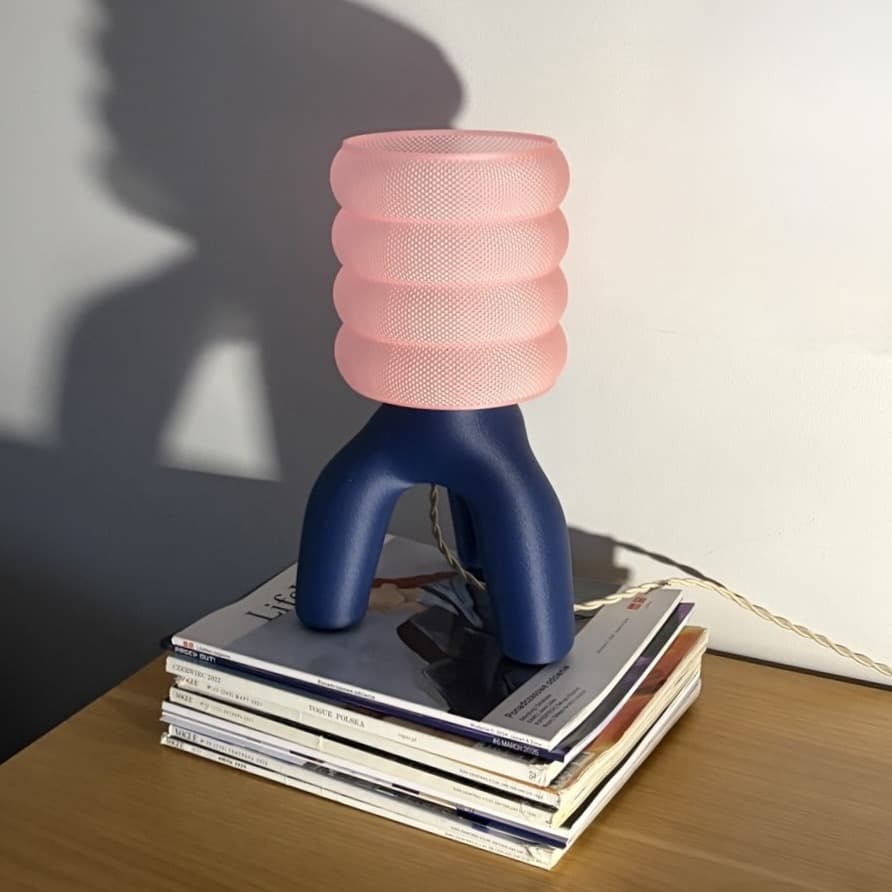 An Umbray lamp with a pink shade standing on a stack of magazines in a sunlit room